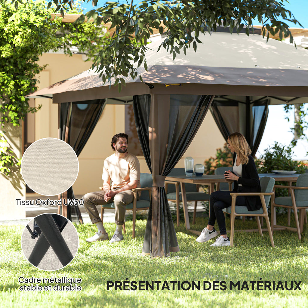 Tonnelle barnum de jardin pop-up pliant double toit protection UV 50+ avec 4 moustiquaires zippées 4 x 4 m beige-7