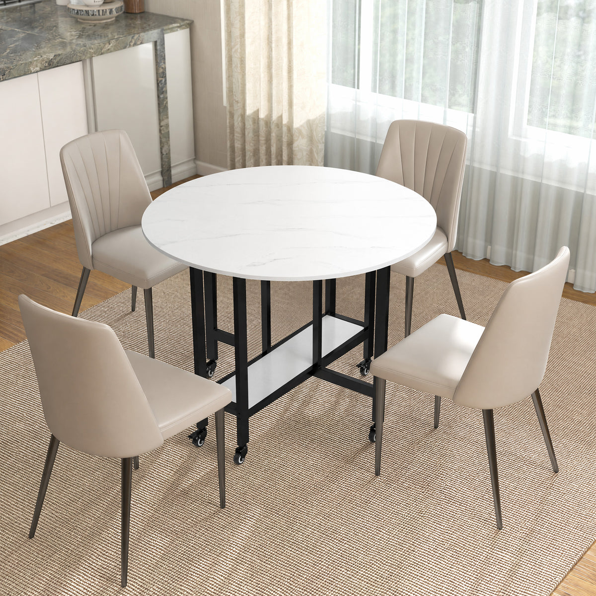 Table à Manger Pliante sur Roulettes, Table de Cuisine pour 4 Personnes avec Étagère Intégrée, 100 x 100 x 75 cm, Blanc-1