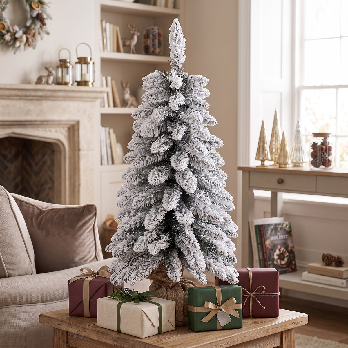 Sapin de Noël Artificiel 90 cm, 107 Embouts de Branches Enneigés en PVC, Base en Toile de Jute, Montage Rapide, Blanc-8