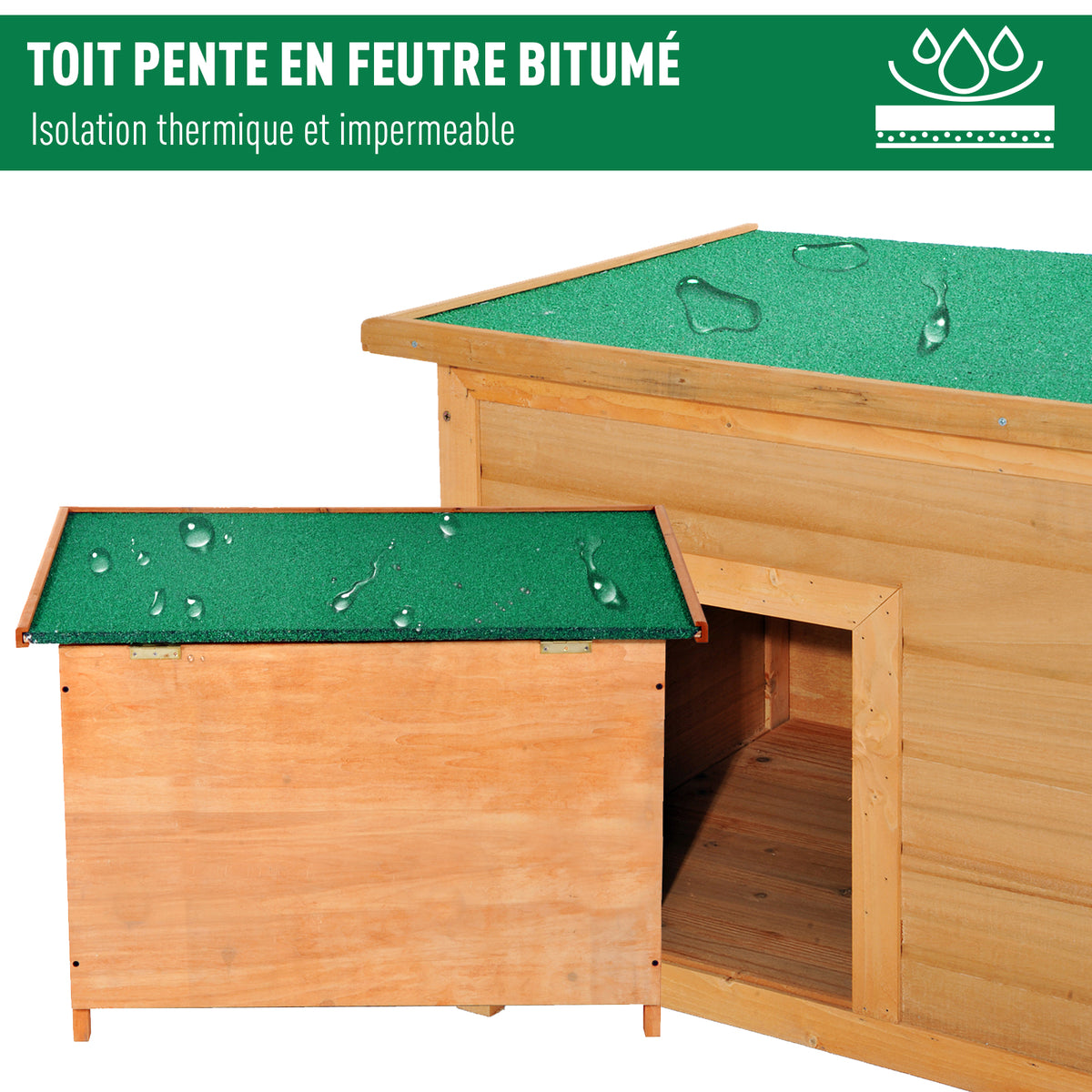Niche pour chien chat en bois sur pied chenil toit ouvrant bitumé pin massif pré-huilé 85 x 58 x 58 cm-3