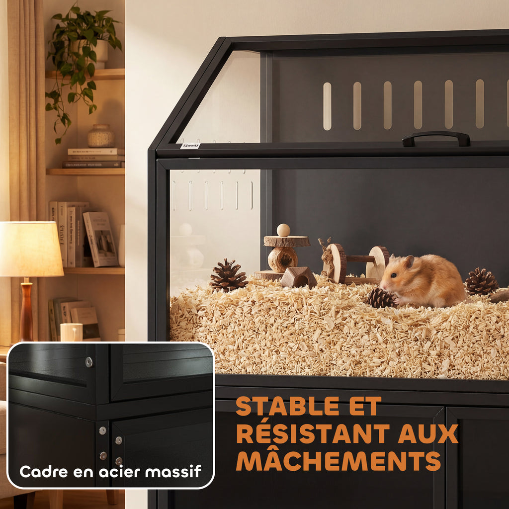 Cage Hamster 2-en-1 avec Armoire de Rangement pour Rongeur Hamster Syrien et Souris Acier et Acrylique Noir-6