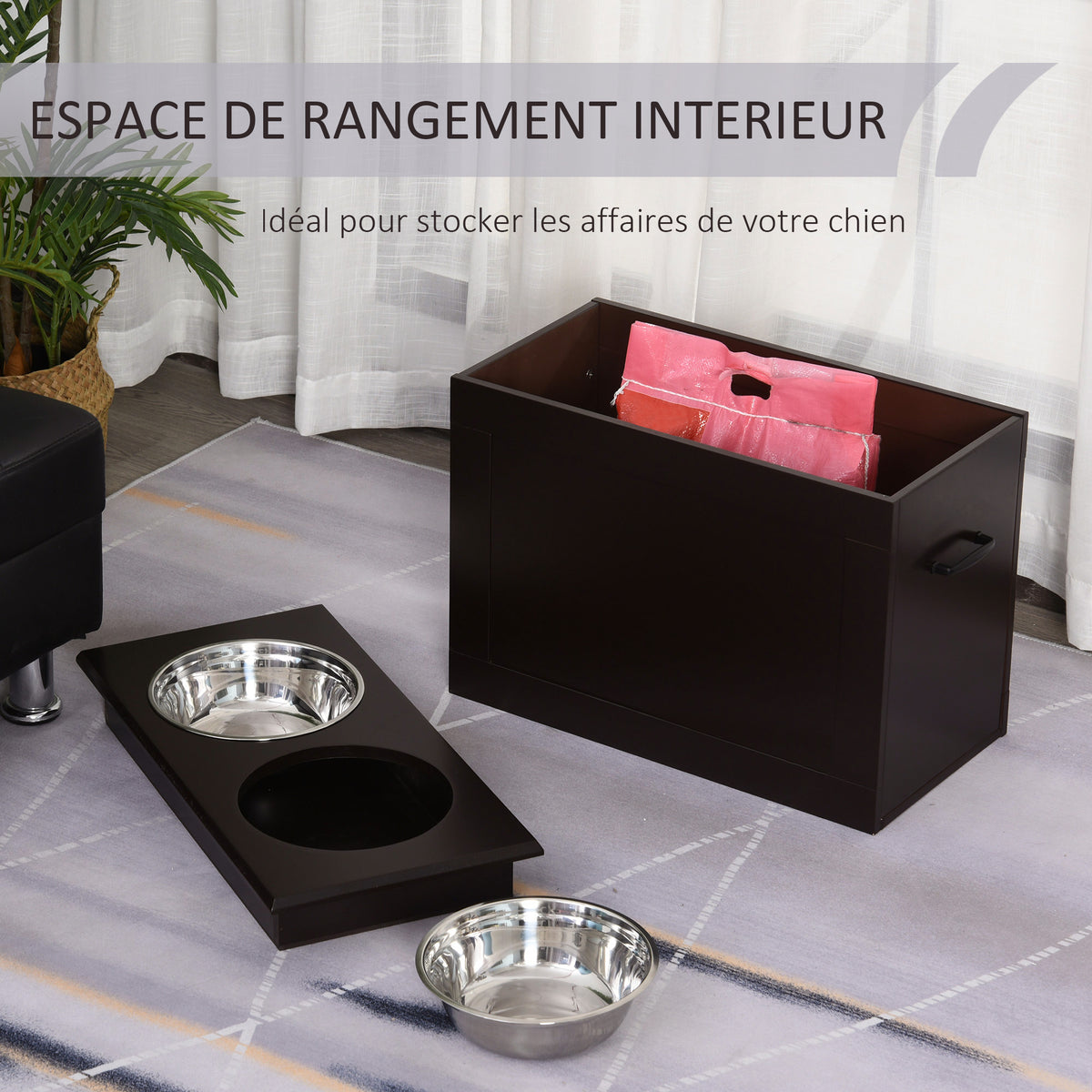 Gamelles chiens surélevées gamelle double chien chat Porte-gamelles surélevé 60L x 30l x 41H cm bois chocolat-4