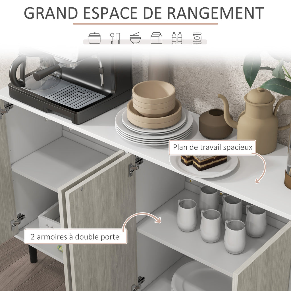 Buffet de cuisine meuble de rangement 2 placards avec étagères réglables, 121 x 37 x 75 cm, blanc et aspect bois gris-3