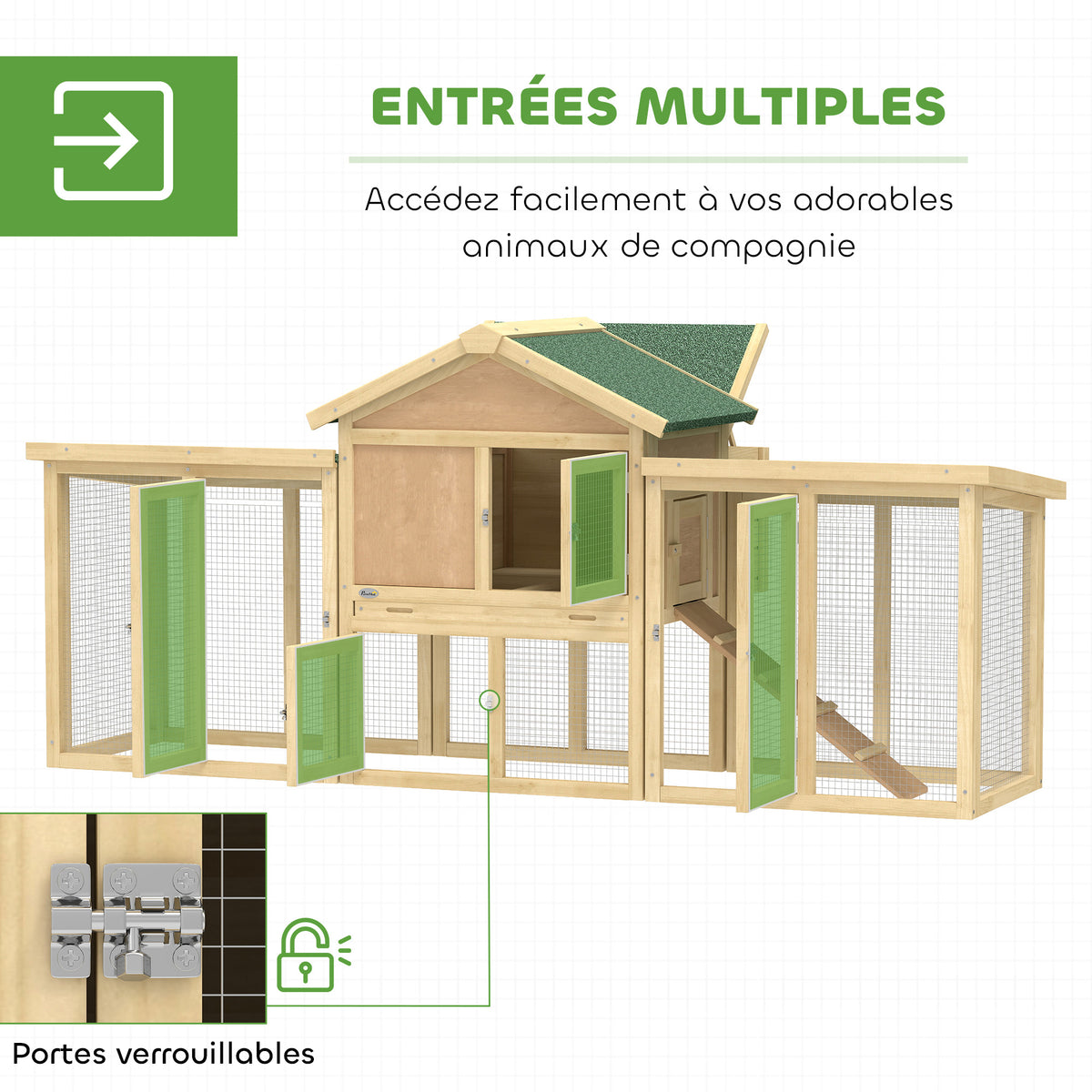 Poulailler clapier modèle chalet multi-équipé : rampes, nichoirs, plateau, en bois massif 204 x 85 x 93 cm bois naturel-4