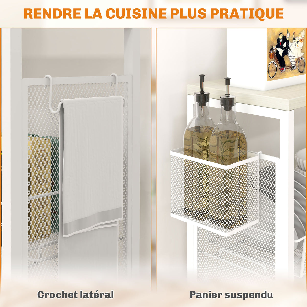 Desserte de cuisine à roulettes, chariot de rangement 3 panier, 1 panier suspendu et crochets, 58 x 18,5 x 87 cm, blanc-4