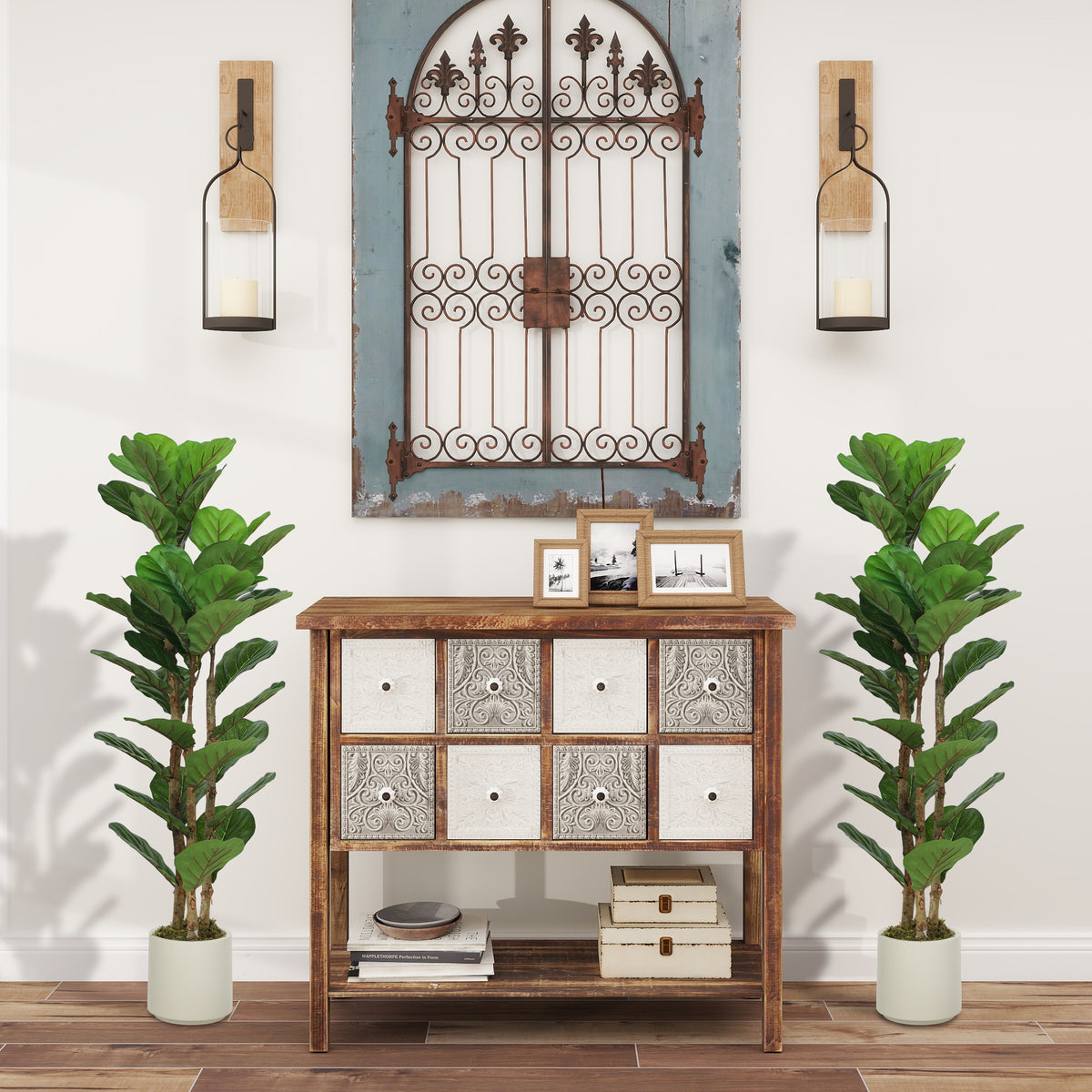 Lot de 2 plantes artificielles 120 cm Figuier lyre arbre artificiel avec pot en plastique et tronc en bois massif, vert-1