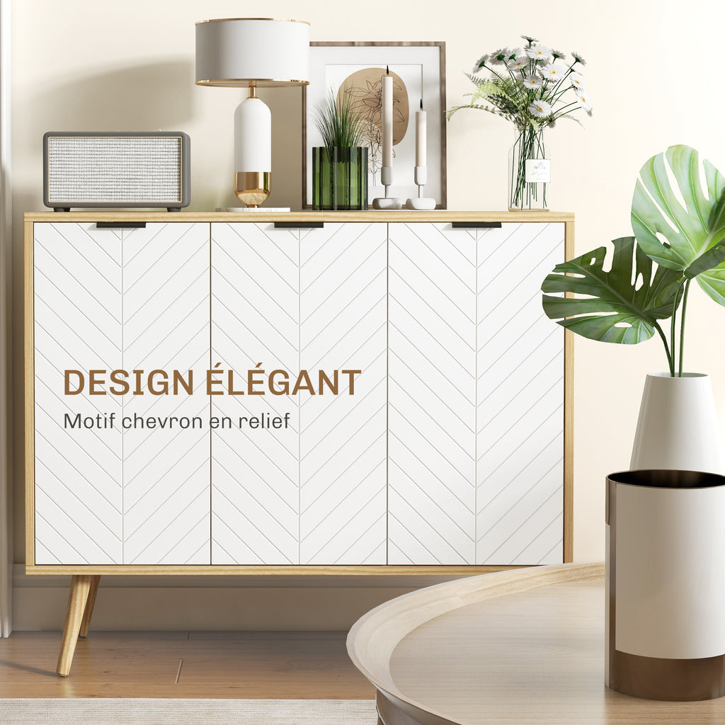 Buffet bas meuble de rangement 2 placards 3 portes motif chevrons étagères réglables 91,5 x 35 x 77,4 cm bois naturel-4