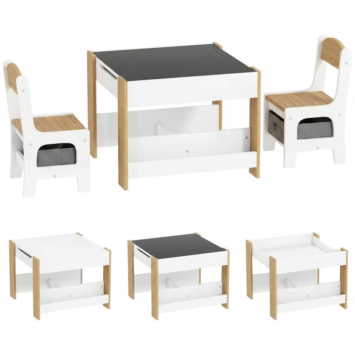 Ensemble 3 pièces table et 2 chaises pour enfant avec plateau réversible tableau noir, panier de rangement, étagères-0
