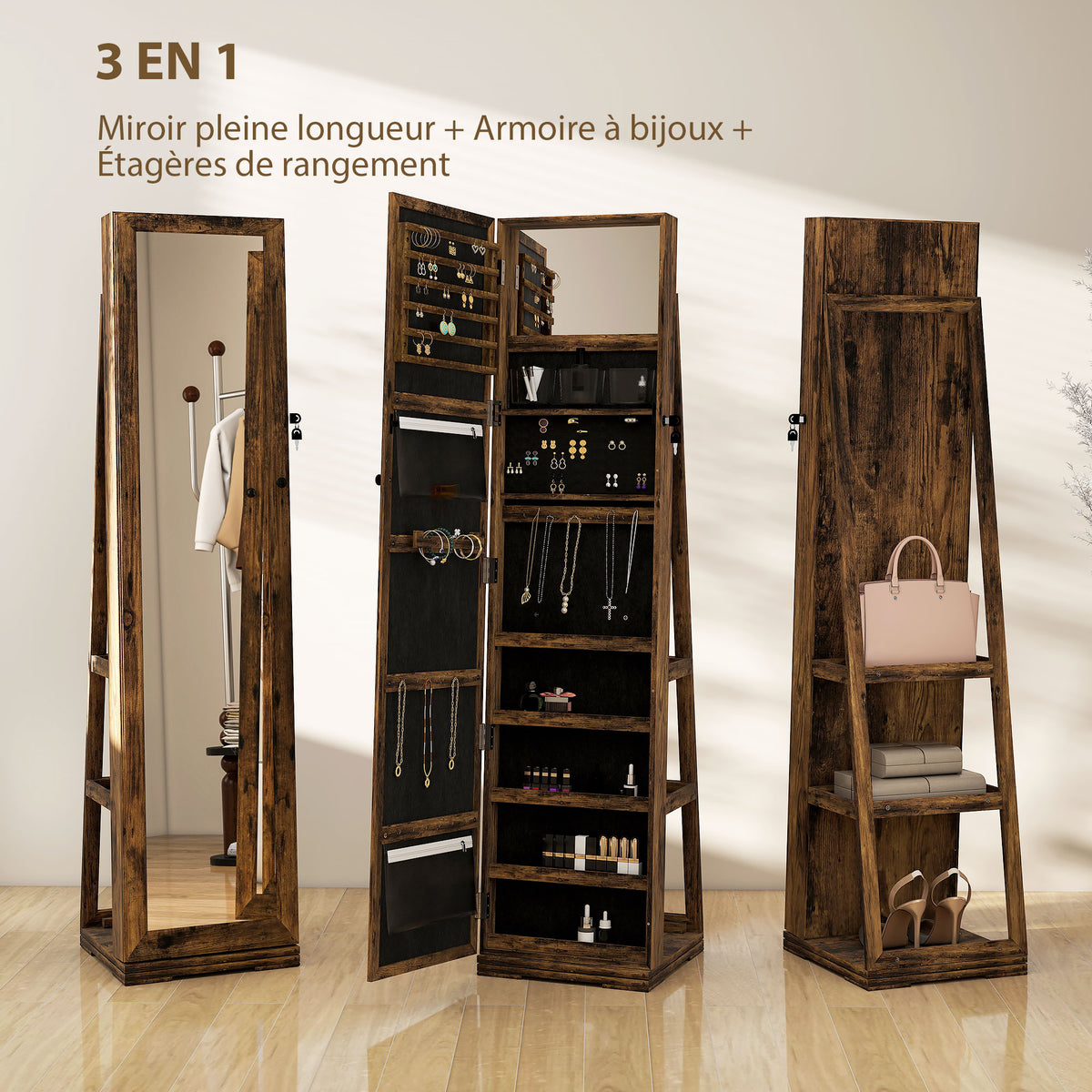 Armoire à Bijoux pivotante verrouillable boîte à bijoux avec Miroir - Armoire Bijoux Multi-Rangement - Brun Rustique-3