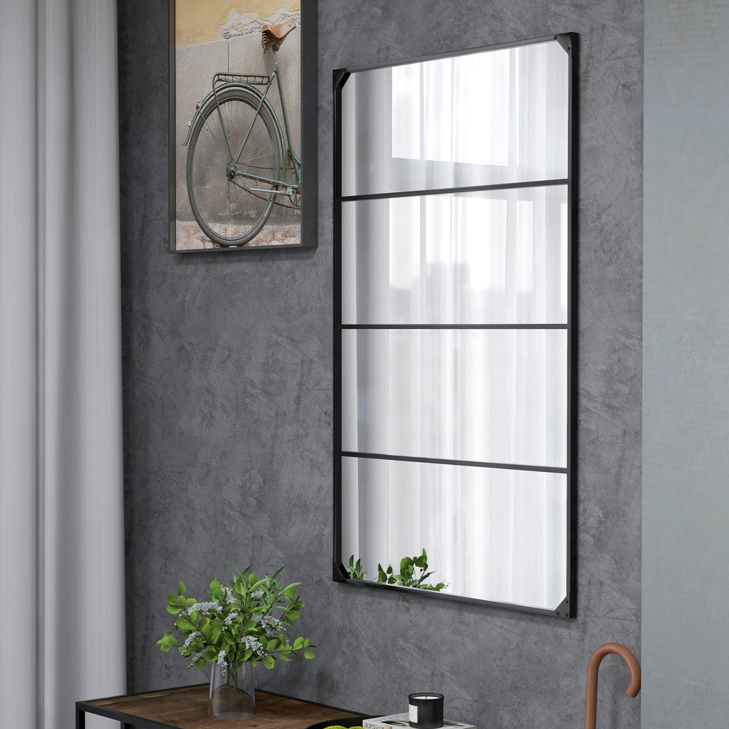 Miroir mural verrière rectangulaire style industriel, horizontal ou vertical avec 4 crochets, en métal noir 109 x 69 cm-8