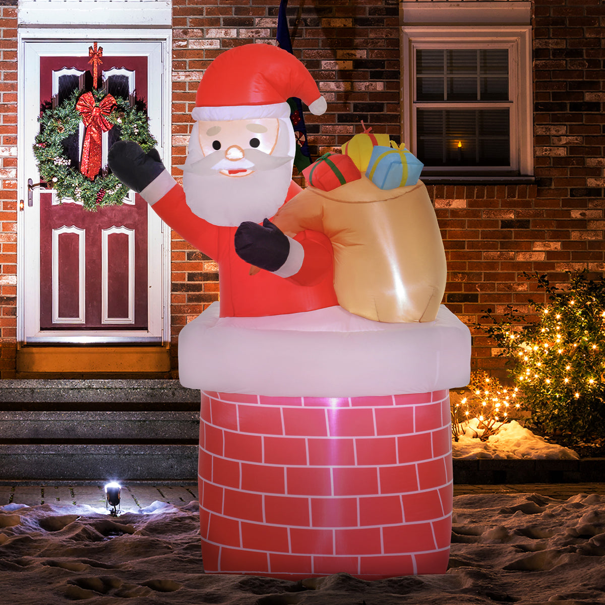 Père Noël gonflable décoration de Noël extérieur avec lumières LED sac de cadeau et la cheminée 130 x 82 x 195 cm rouge-1