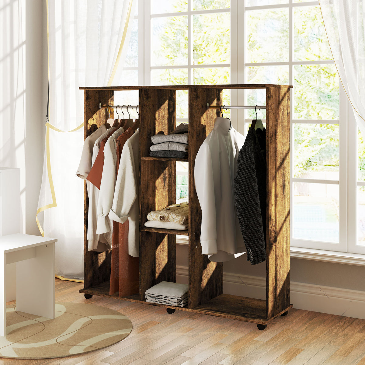 Armoire penderie meuble de rangement mobile 6 roulettes 120 x 40 x 128 cm en bois marron-9