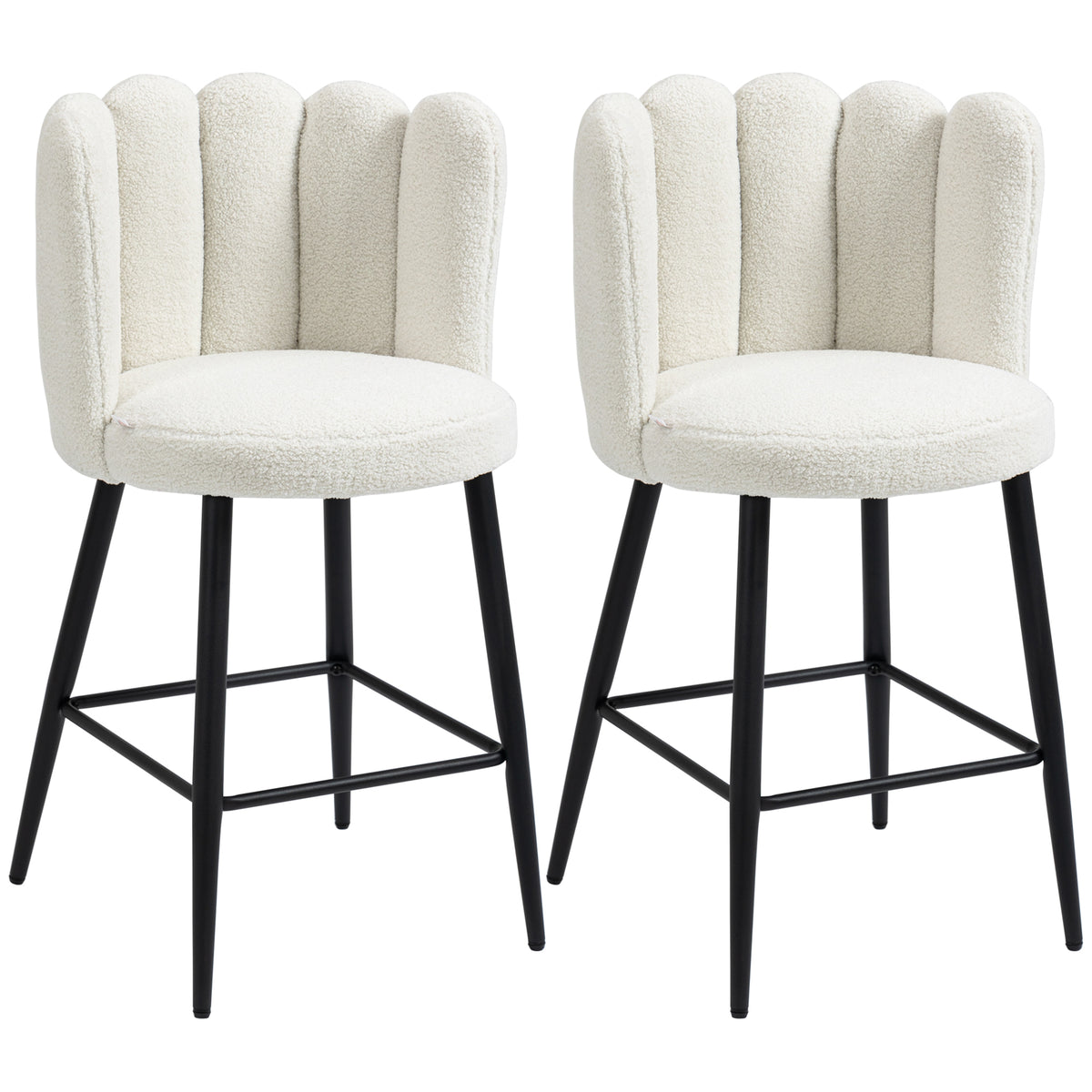 Lot de 2 chaises hautes tabourets de bar avec repose-pieds acier tissu effet laine bouclée hauteur 65 cm crème noir-0