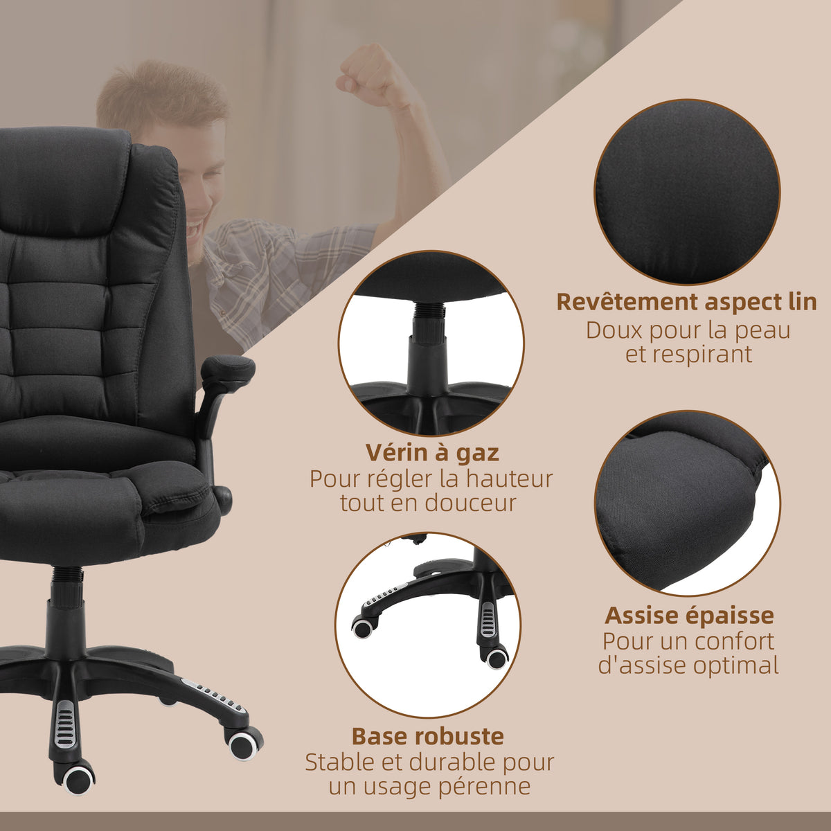 Fauteuil de bureau massant et chauffant, chaise de bureau, chaise ergonomique avec hauteur réglable, dossier-8