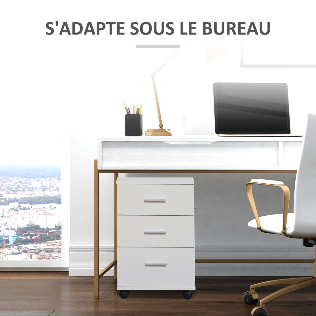 Caisson de Bureau Rangement Bureau sur Roulettes 3 Tiroirs Verrouillables 40 x 40 x 61,5 cm Blanc-4