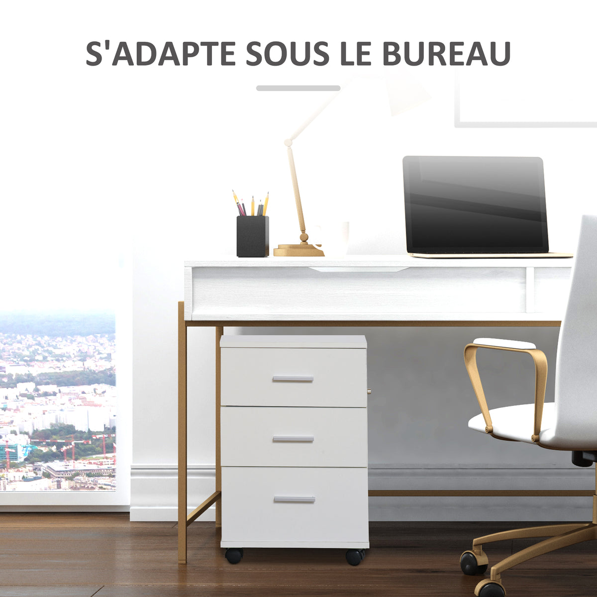 Caisson de Bureau Rangement Bureau sur Roulettes 3 Tiroirs Verrouillables 40 x 40 x 61,5 cm Blanc-4