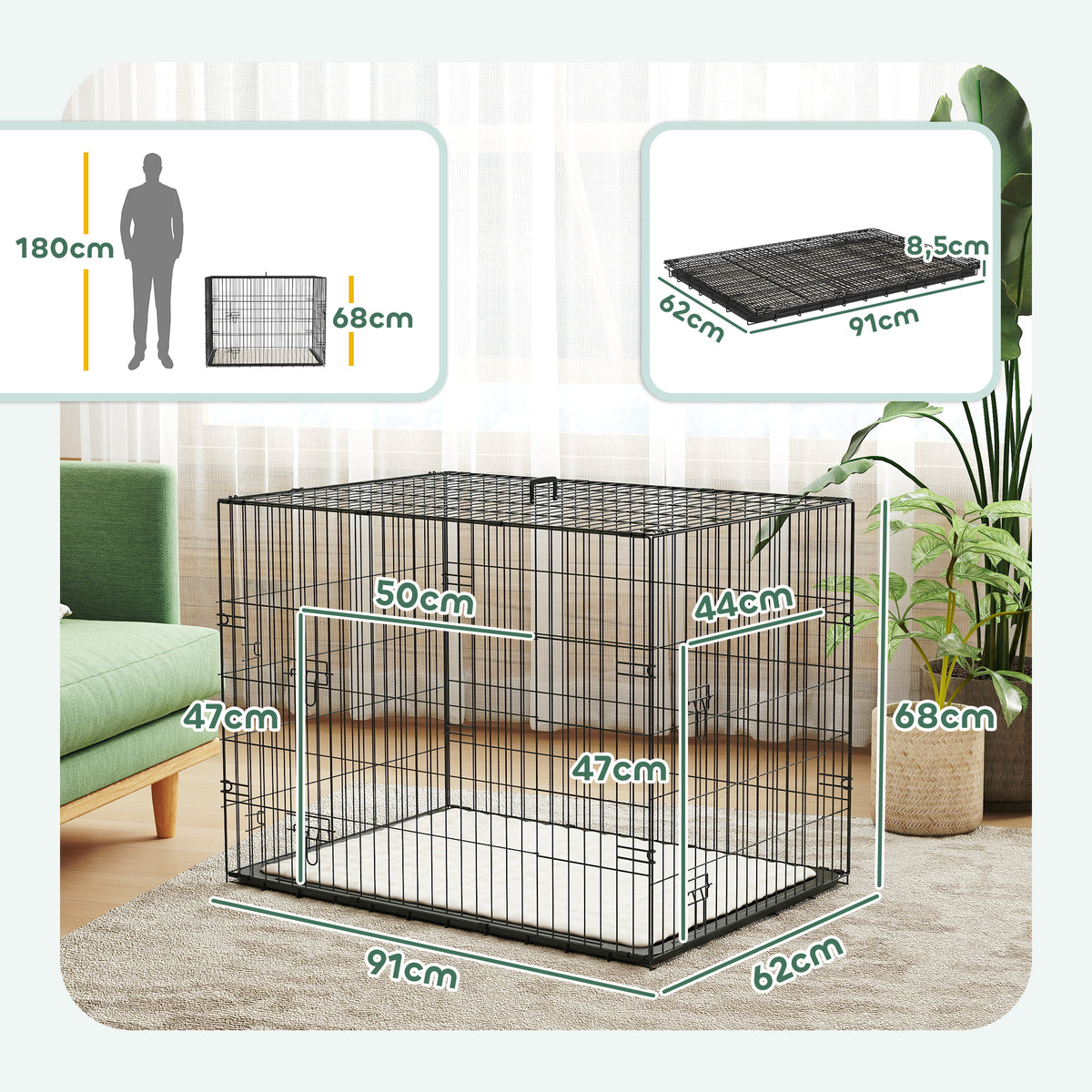 Cage caisse de transport pliante pour chien poignée, plateau amovible, coussin fourni 90 x 57,5 x 62 cm noir-2