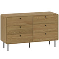 Commode 6 tiroirs meuble de rangement style moderne coins arrondis et pieds en acier 120 x 40 x 75cm effet bois de chêne-0