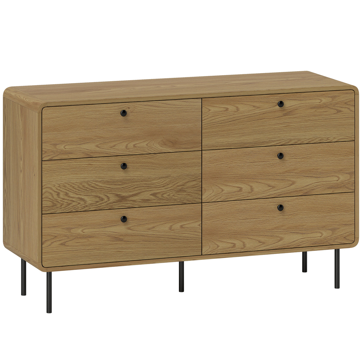 Commode 6 tiroirs meuble de rangement style moderne coins arrondis et pieds en acier 120 x 40 x 75cm effet bois de chêne-0