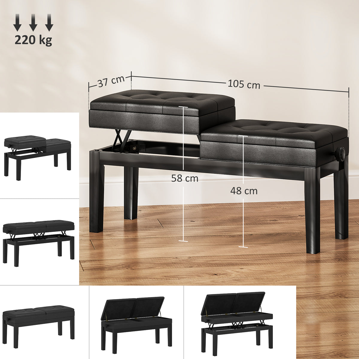 Banc de piano réglable en hauteur, tabouret de piano avec rangement, banquette pour clavier capitonné, noir-2