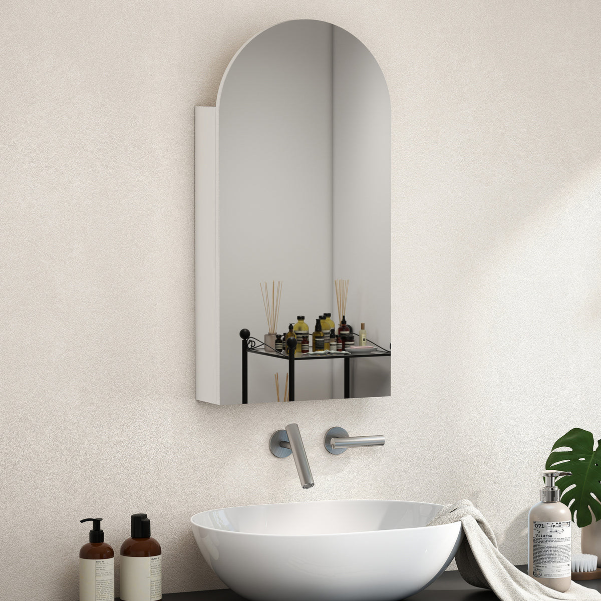Armoire murale salle de bain avec miroir, meuble salle de bain sans cadre en arche et étagères en verre réglables, blanc-1