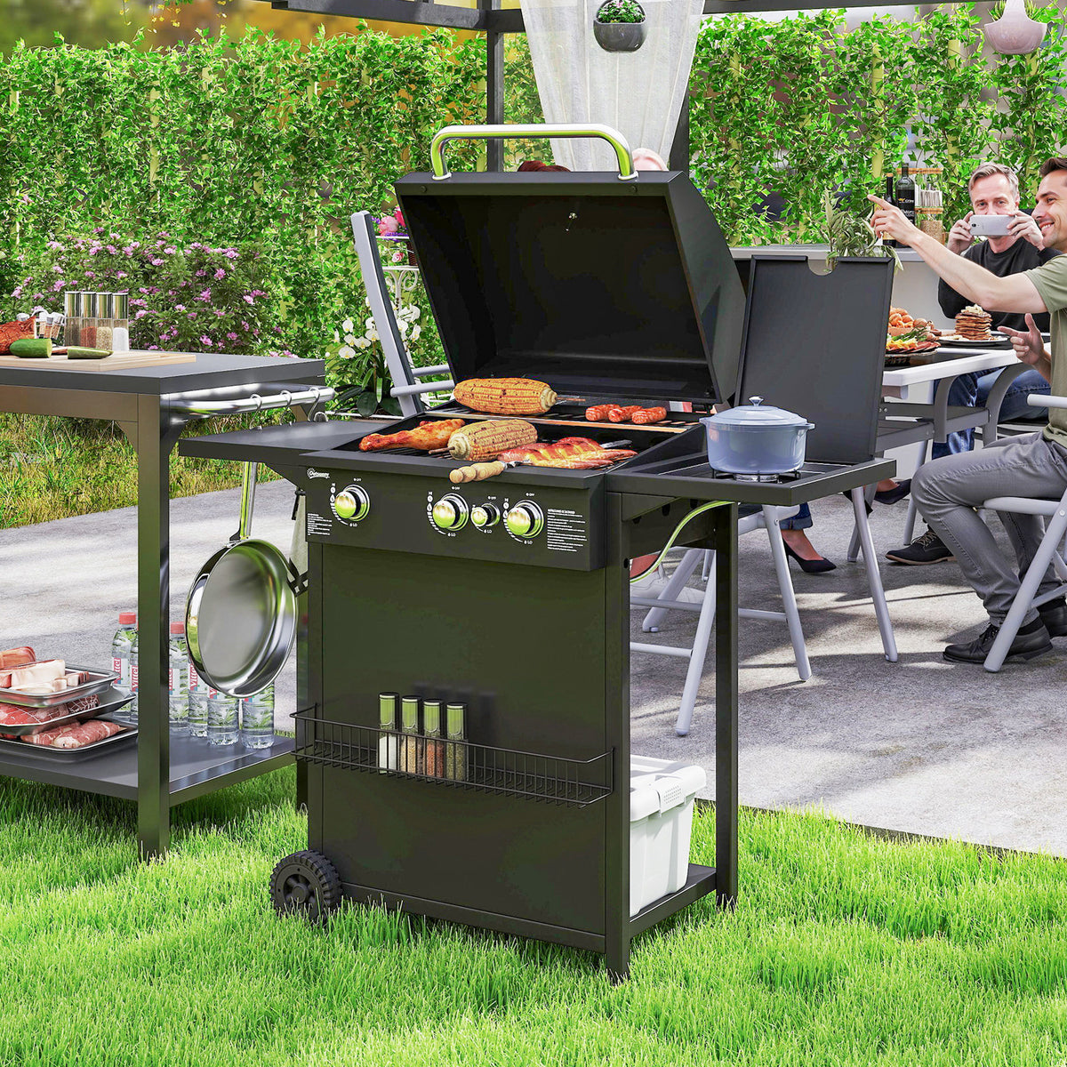 Barbecue gaz 3+1 brûleurs en acier, puissance 9,5 kW, barbecue de jardin 2 grilles étagères latérales, 2 roues, noir-1