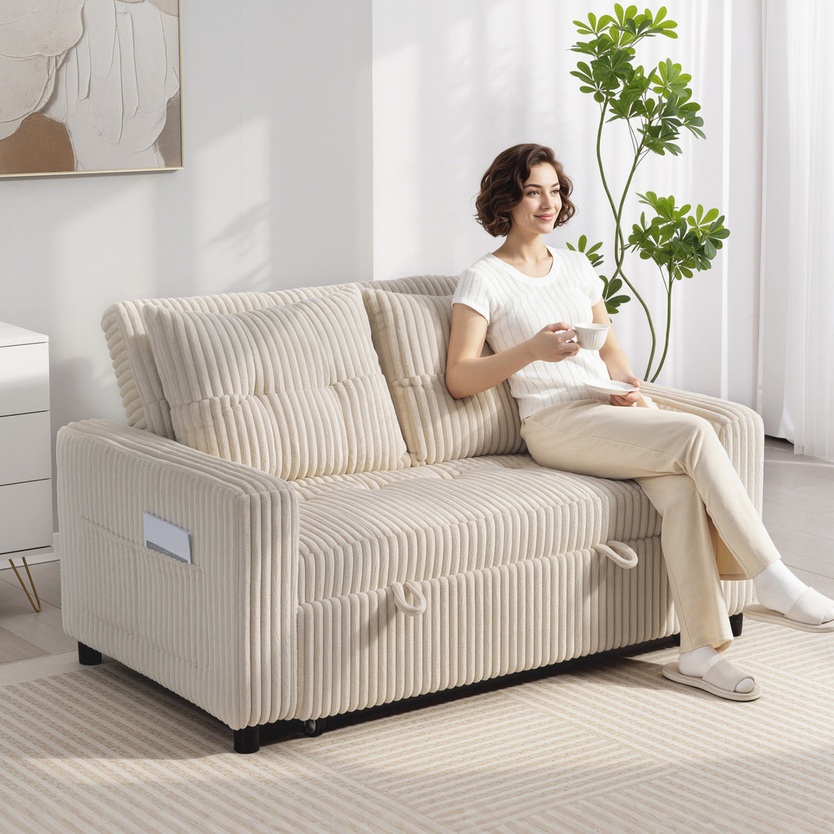 Canapé convertible 2 places canapé-lit en velours côtelé 157x190cm dossier réglable poches latérales et 2 coussins crème-1