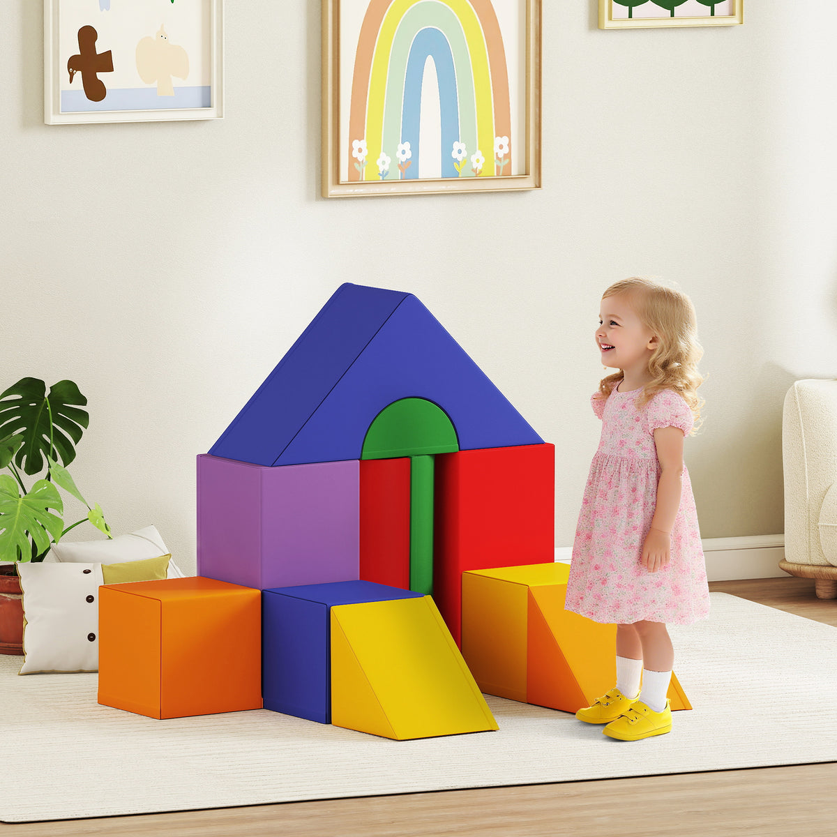 Parcours motricité bébé 11PCS, module motricité bébé en mousse EPE avec housse en revêtement synthétique, blocs mousse de construction, jouets éducatifs pour enfants de 1-3 ans, multicolore-1