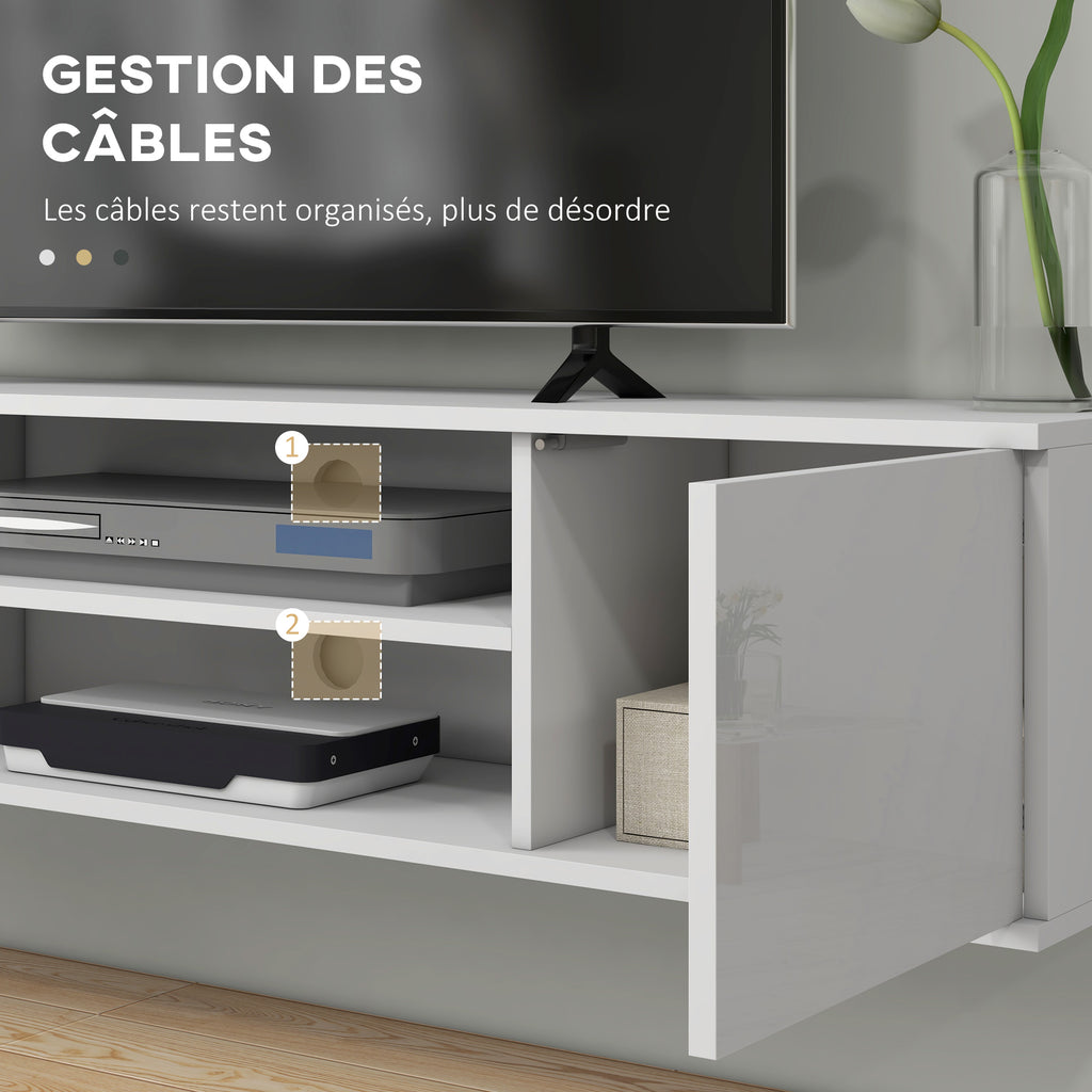 Meuble banc TV mural suspendu style contemporain 2 placards 2 niches centrales et 2 passe-câbles 140 x 30 x 30 cm blanc-6