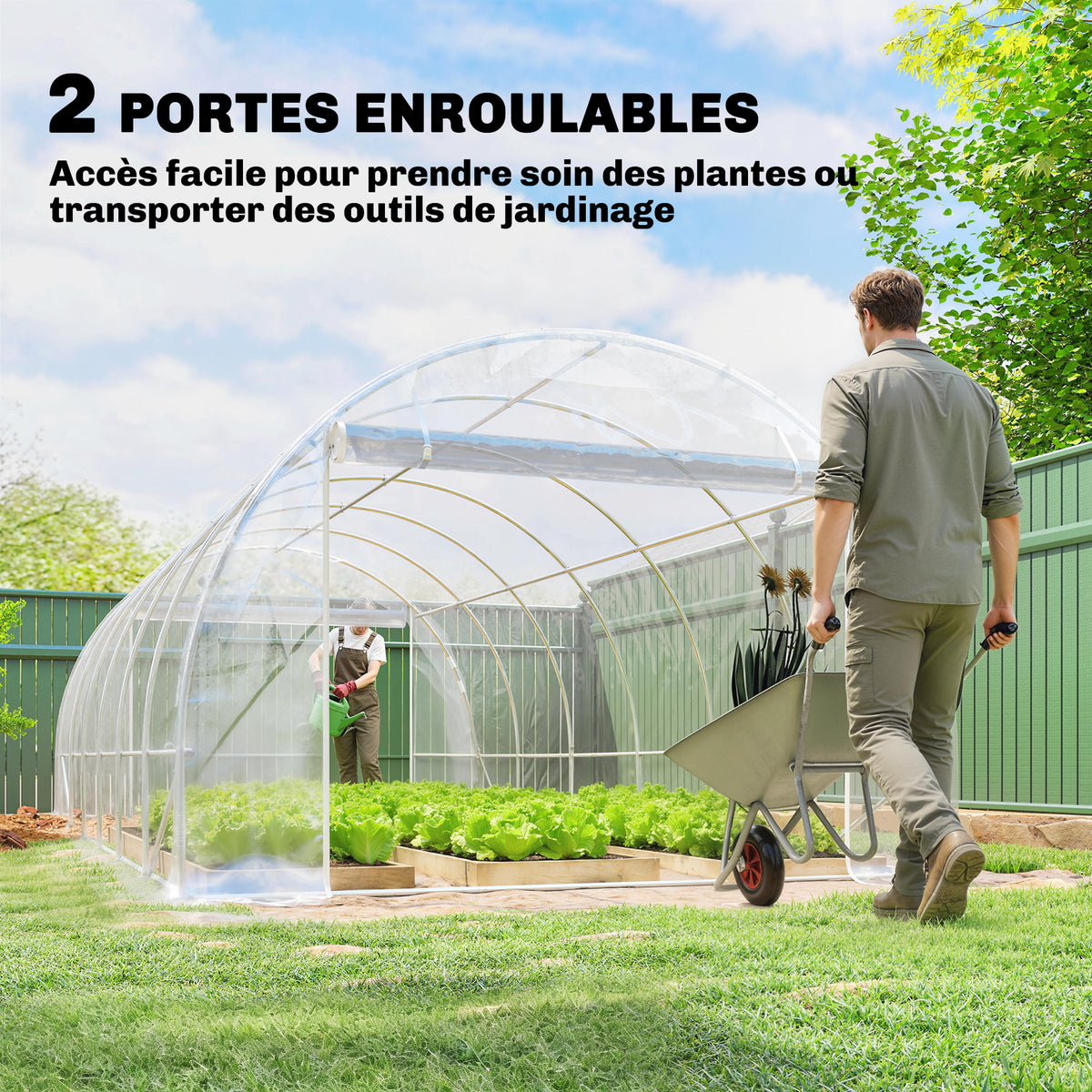Serre tunnel de jardin 18m² serre de jardin tunnel 296x597x199cm cadre acier galvanisé, bâche PE 150g/m² transparent-5