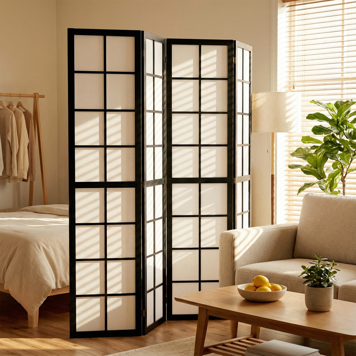 Paravent interieur pliable 4 panneaux 160 x 170 cm séparateur de pièce pour salon chambre à coucher maison, noir-1