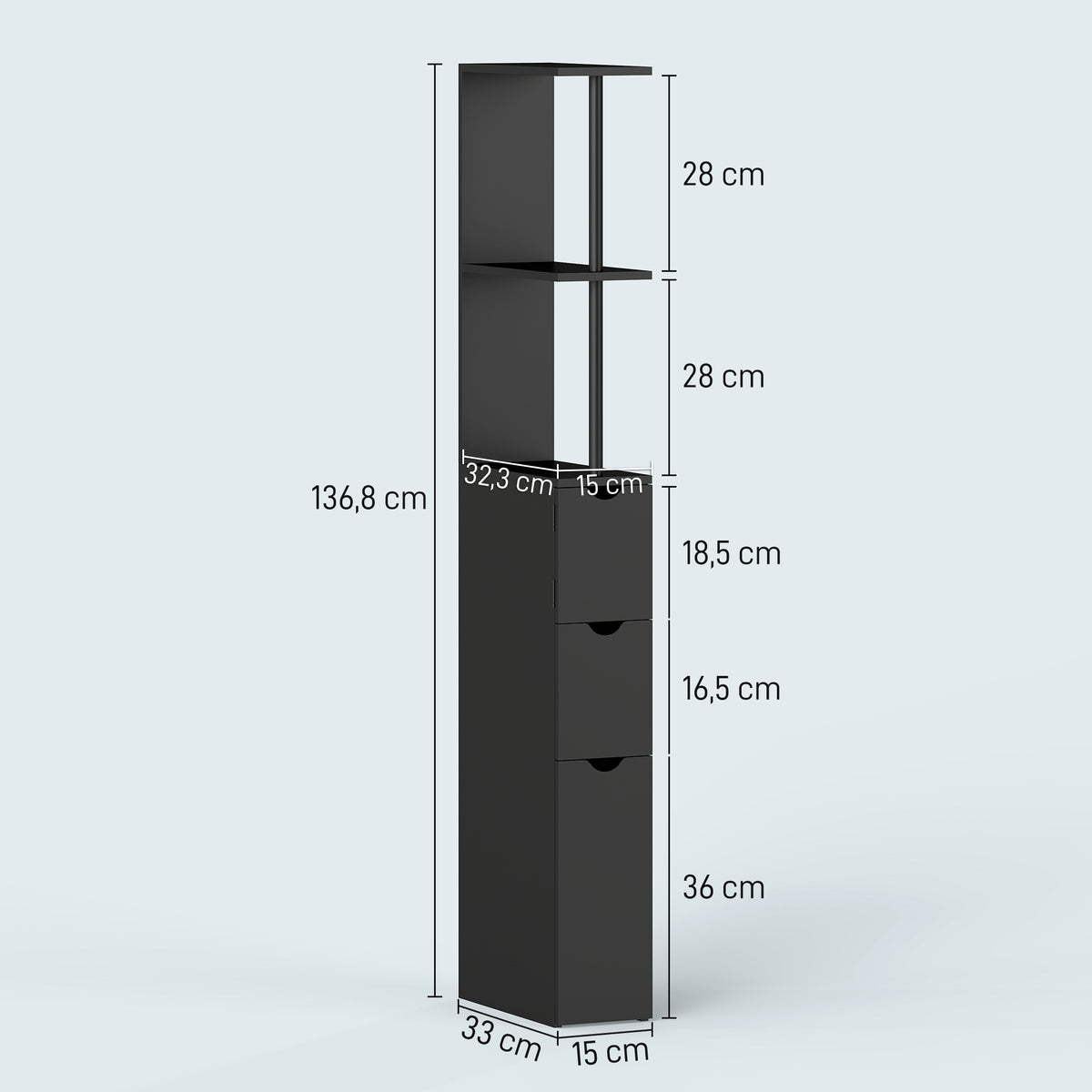 Meuble colonne salle de bain armoire de salle de bain avec tiroirs étagères ouvertes placard 15 x 33 x 136,8 cm noir-2