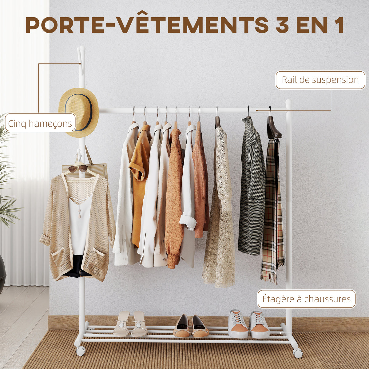 Portant à vêtements, porte-manteau sur roulettes avec étagère à chaussures et 5 crochets, 120 x 43 x 171 cm, blanc-3