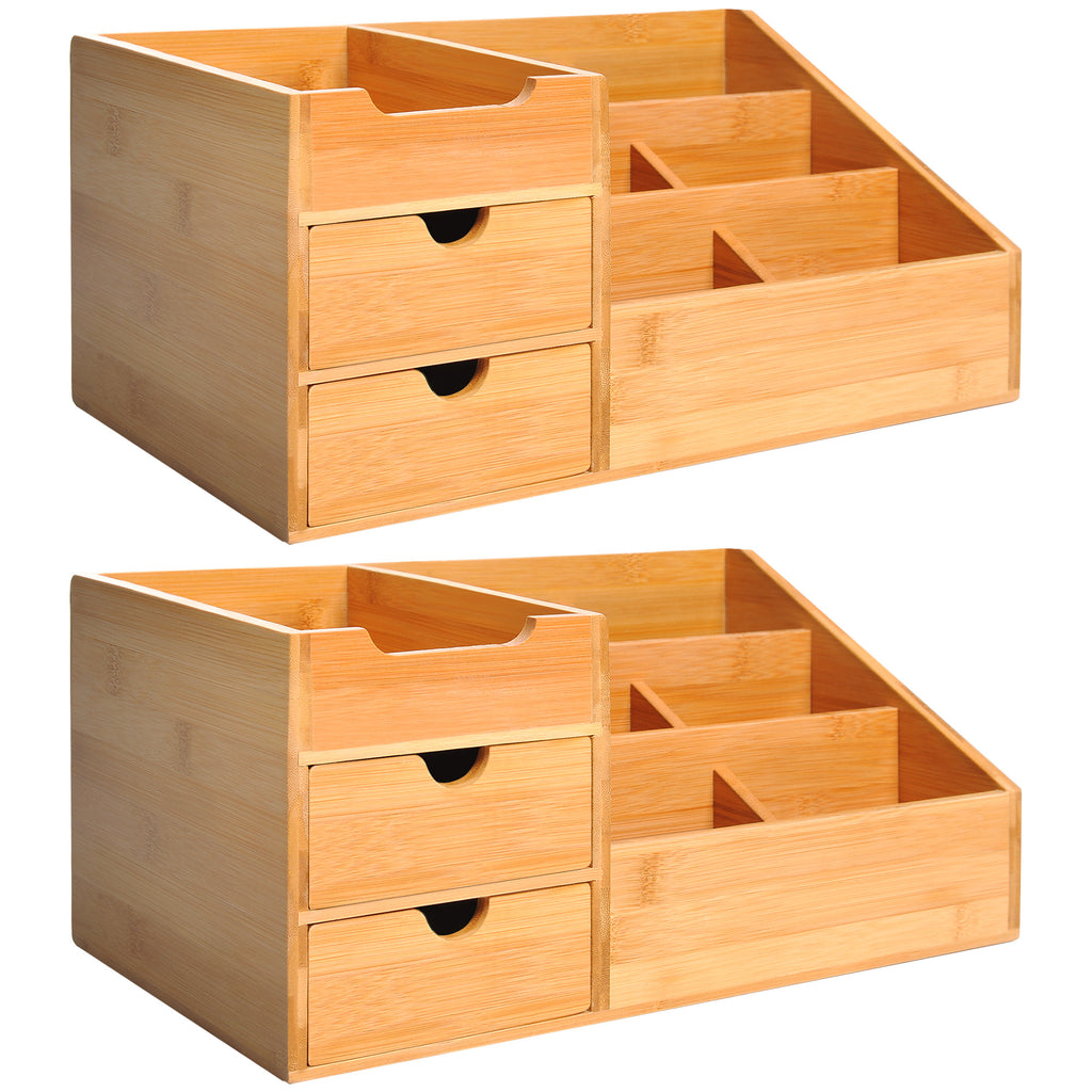 Lot de 2 boîtes de Rangement de Bureau - Organiseur de Bureau - 7 Compartiments, 2 tiroirs - Bambou Verni-0