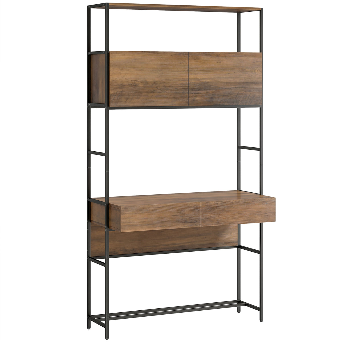 Bureau d'ordinateur avec 2 tiroirs, 100 x 45 x 185 cm, bureau avec rangement, 2 portes et étagères ouvertes, marron-0