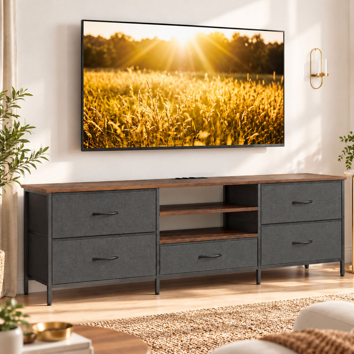 Meuble TV 160 cm, Meuble Télé 70 Pouces, Station de Charge, 5 Tiroirs en Tissu, Étagères Ouvertes, Gris Foncé-1