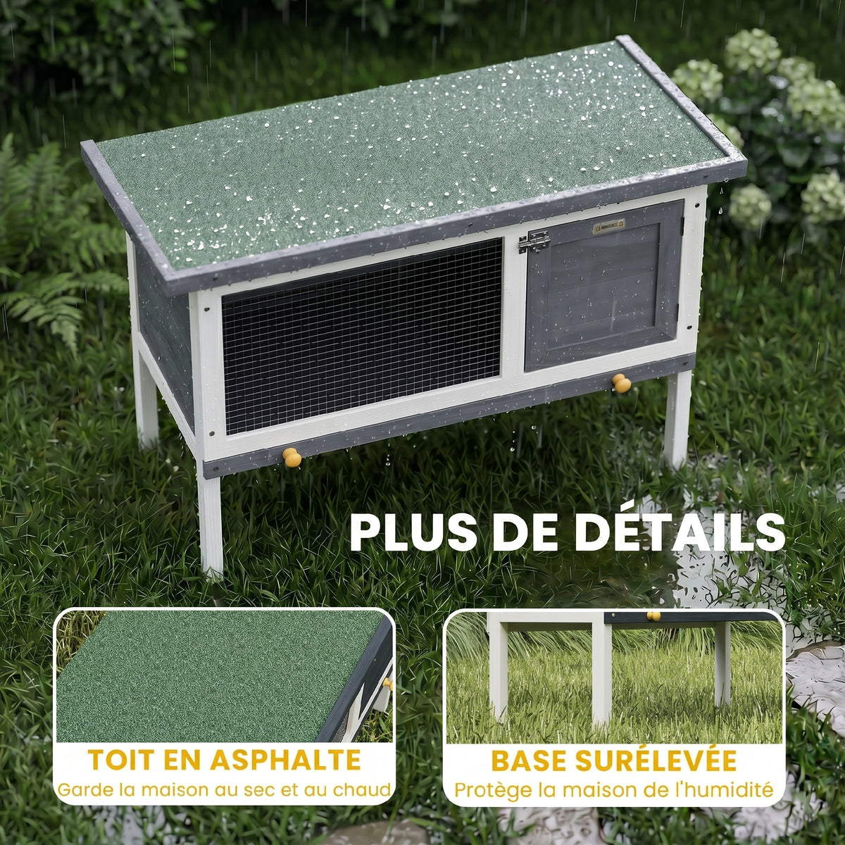 Clapier Lapin Extérieur en Bois, avec Toit Ouvrable en Asphalt et Plateau Coulissant, Design Surélevé, 90x45x65cm, Gris-6