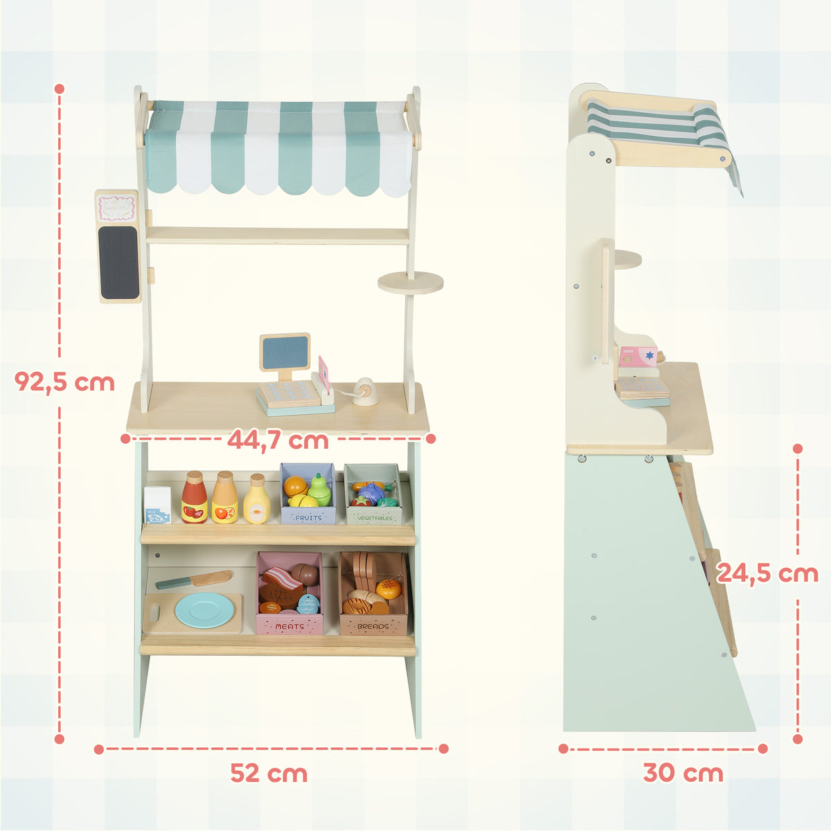 Supermarché pour enfant 34 pcs, marchande en bois, tableau noir, caisse enregistreuse et accessoires, 52x30x92,5cm, vert-2