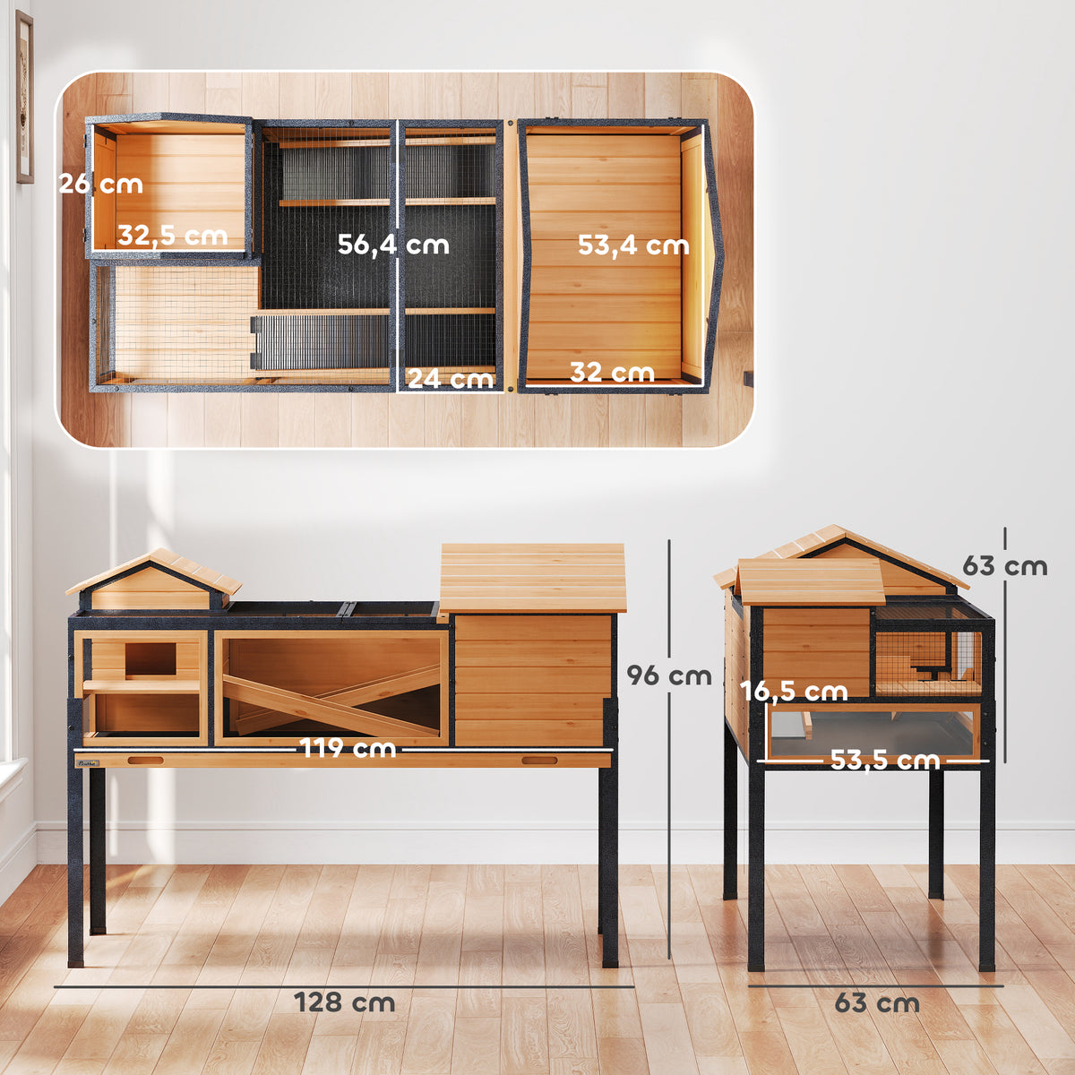 Maison pour tortues à 2 étages 2 chambres fenêtres rampes toit ouvrable et plateau 128 x 63 x 96 cm jaune-2