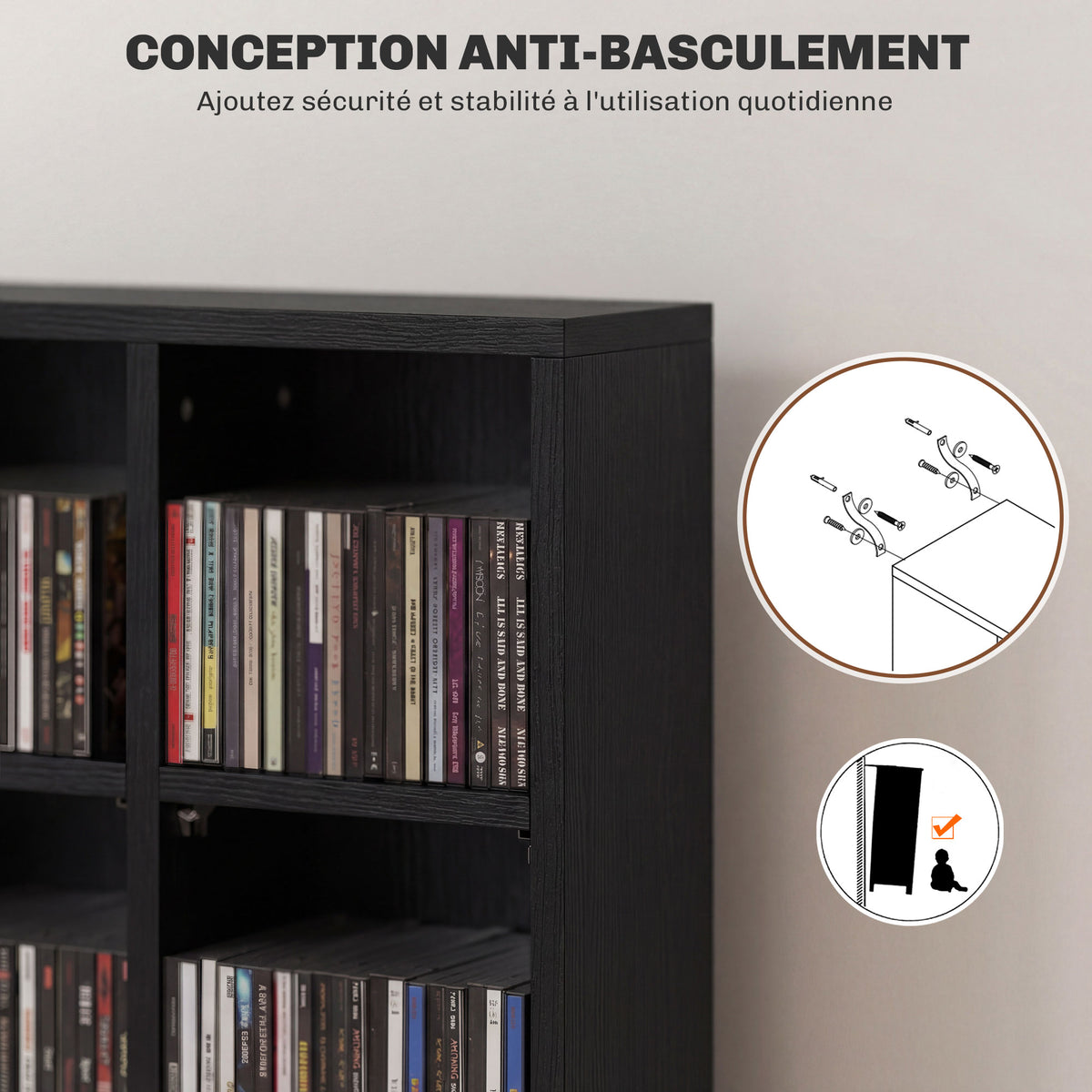 Meuble de rangement multimédia 456 CD/ 336 DVD - bibliothèque en bois avec étagères réglables, 89 x 130,5 cm, noir-5