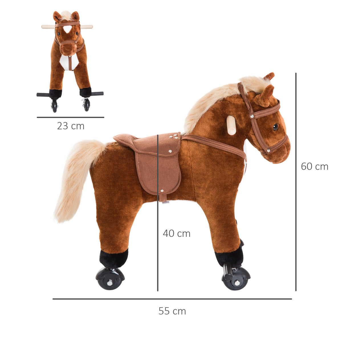 Jouet cheval pour enfant de +24 mois avec 4 roulettes, effet sonore, repose-pieds et guidon, 55x23x60 cm Marron-2