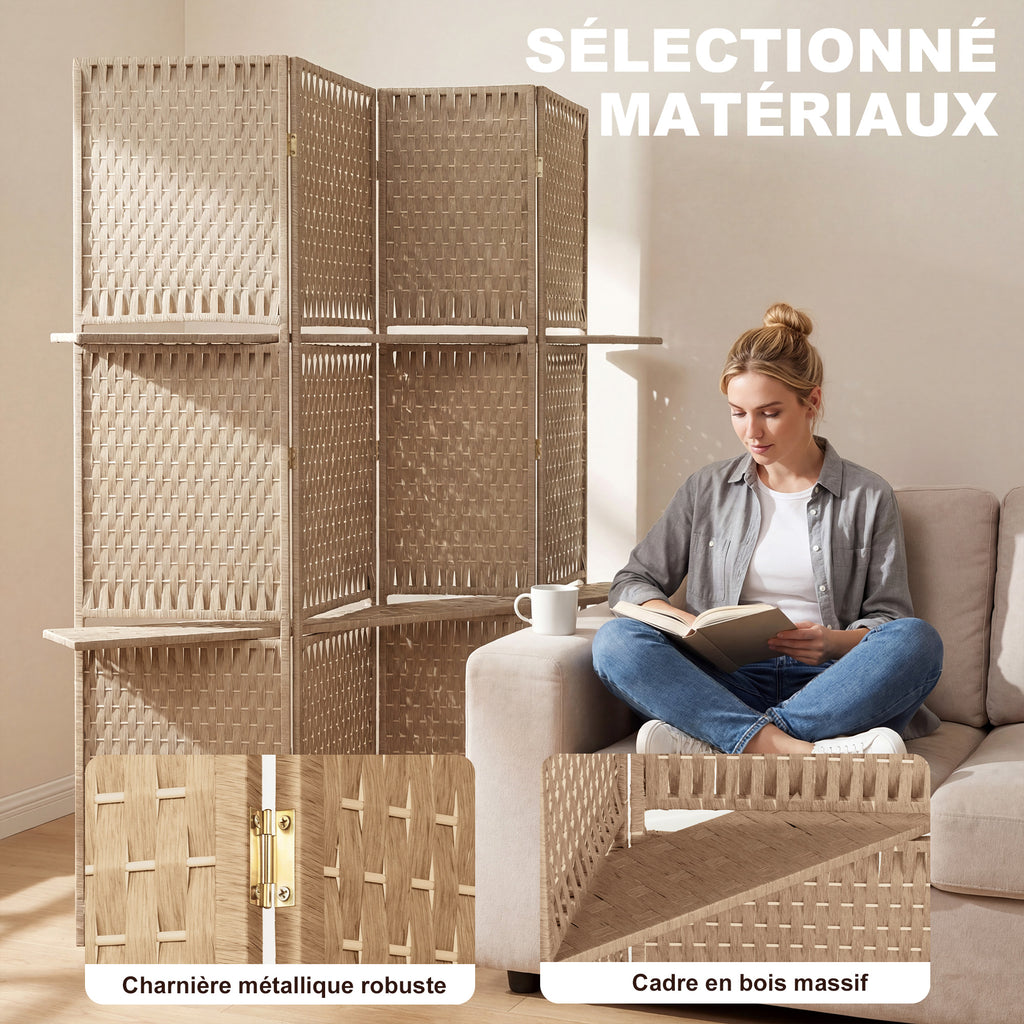 Séparateur de pièces 4 panneaux 2 étagères pliables naturel paille-4