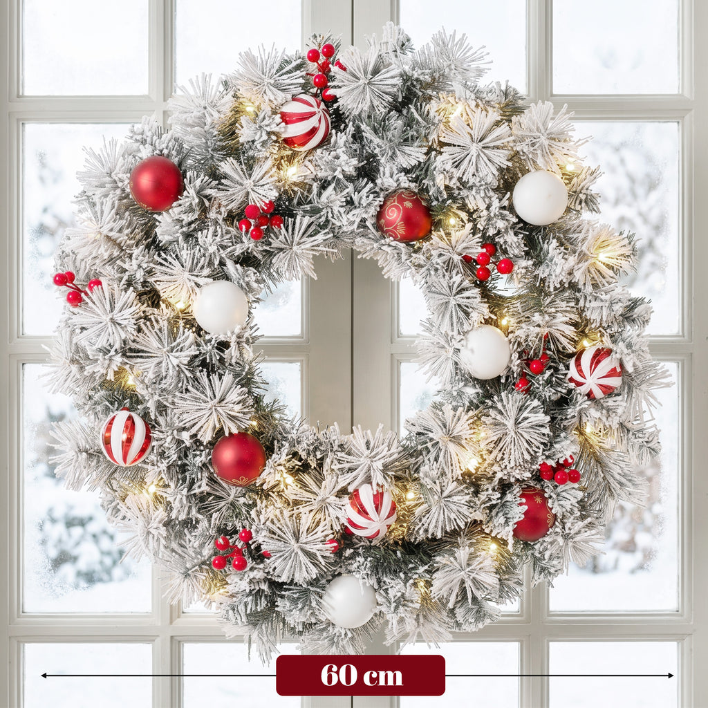Couronne de Noël Lumineuse 60 cm Enneigée Floquée avec 50 LED, 15 Boules Décoratives, 140 Branches, 8 Modes, Vert-2