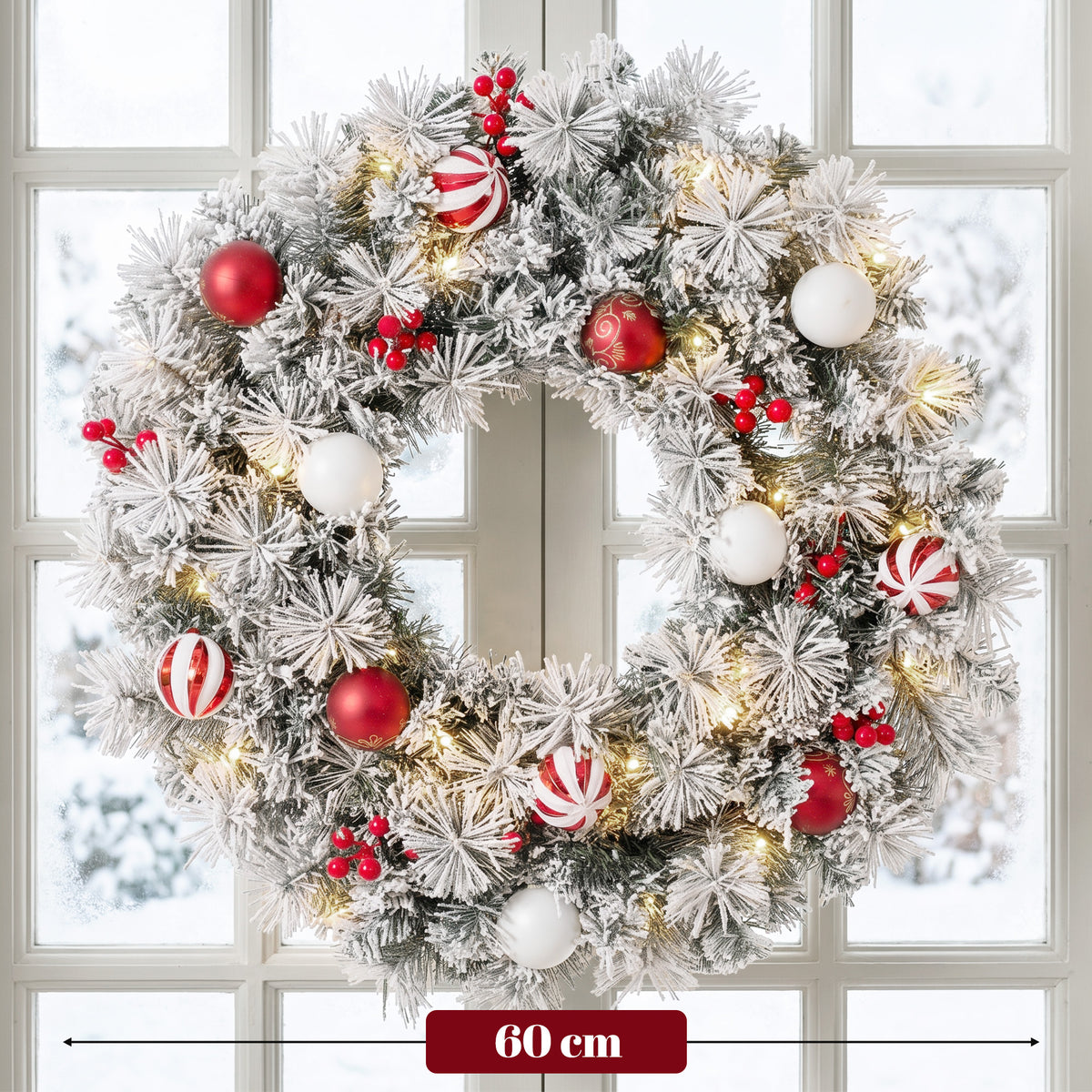 Couronne de Noël Lumineuse 60 cm Enneigée Floquée avec 50 LED, 15 Boules Décoratives, 140 Branches, 8 Modes, Vert-2