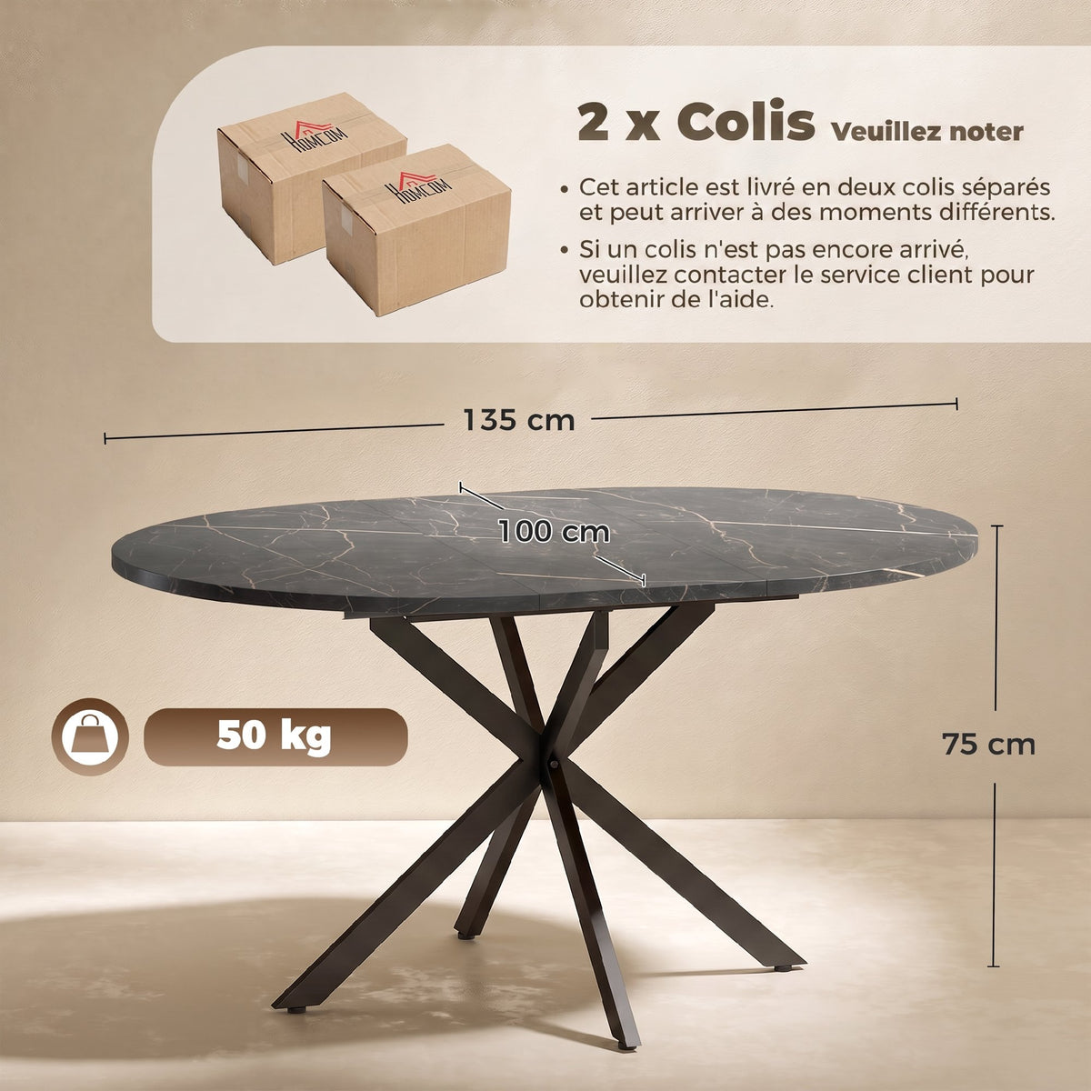 Table à manger extensible ovale pour 4 à 6 personnes, table de cuisine avec rallonge 100-135 cm, effet marbre noir-2