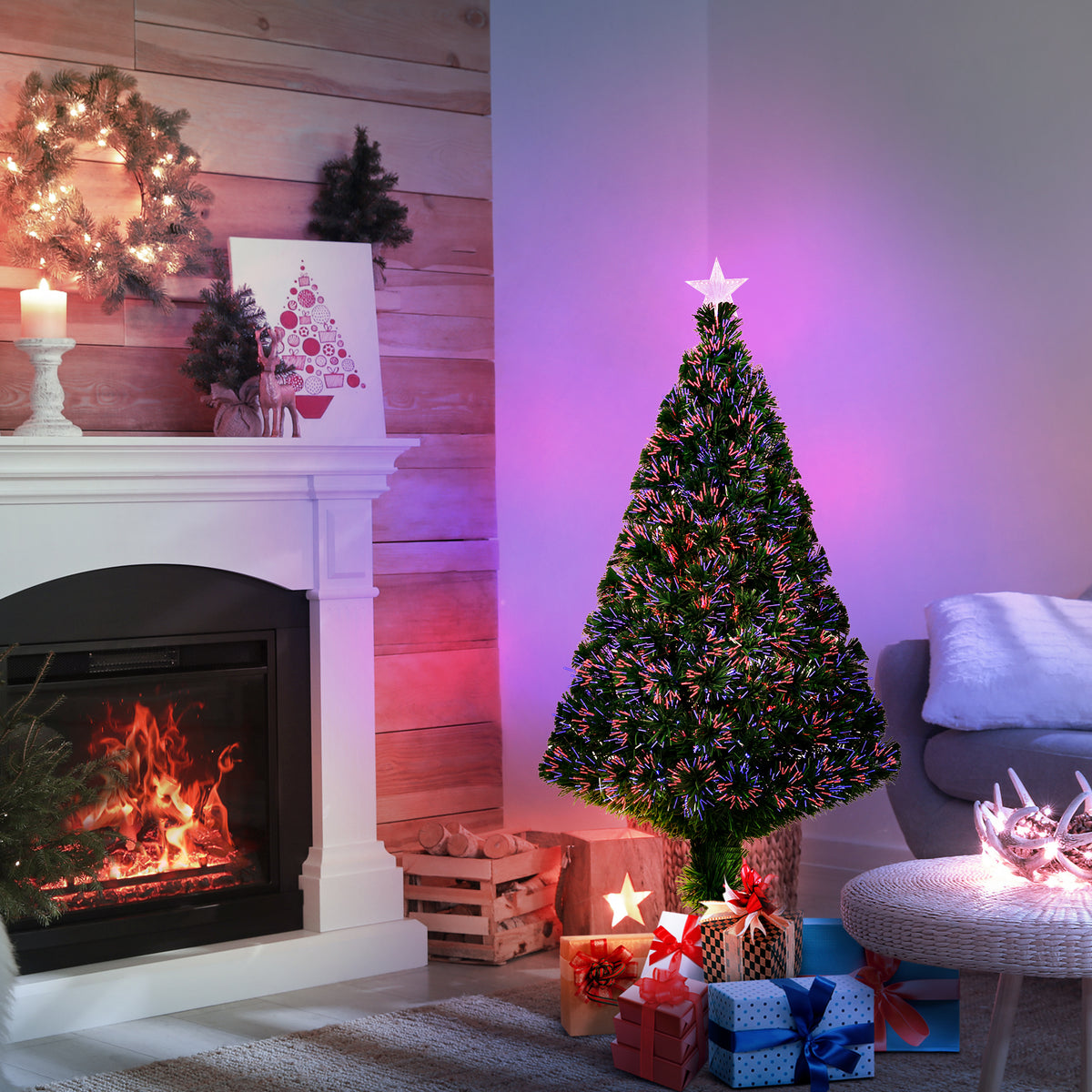 Sapin Noël Artificiel Lumineux 120H cm Fibre Optique Multicolore + Support Pied 130 Sommet Brillante Vert-1