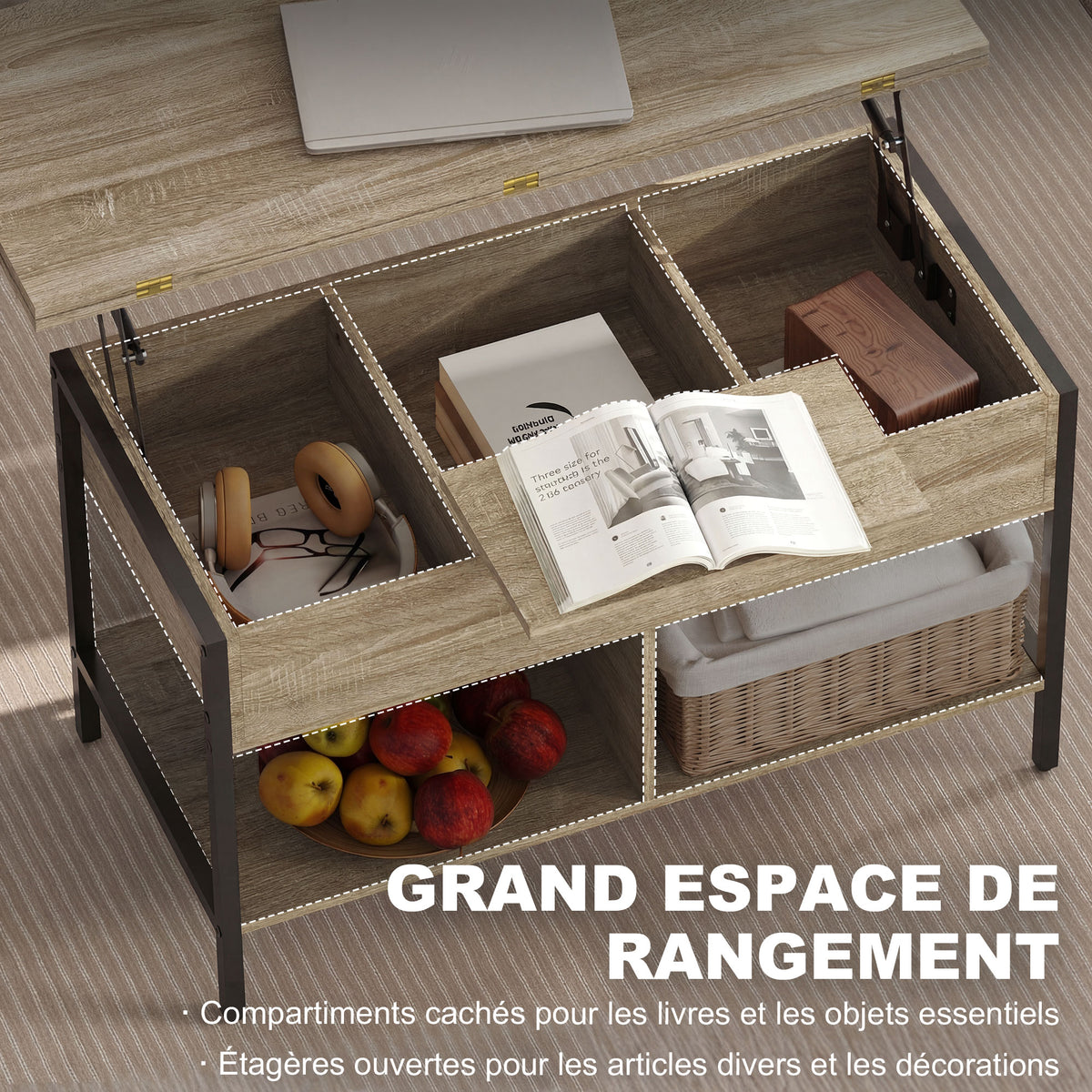 Table basse relevable et extensible, table de salon avec compartiment caché étagères ouvertes, 98x49x55cm, bois naturel-4