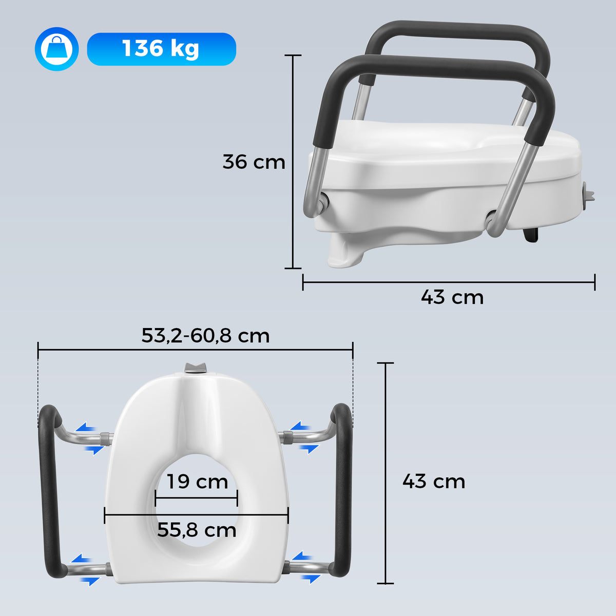 Rehausseur de siège de toilettes avec poignées, largeur réglable, accoudoirs rembourrés, blanc-2