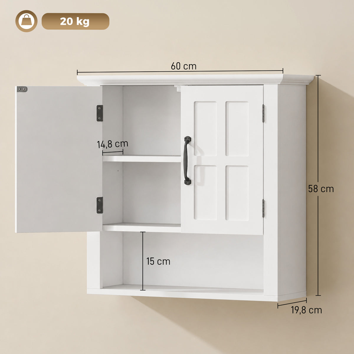 Armoire Haute Murale de Salle de Bain ou WC Placard 2 Portes 2 étagères Niche dim. 60L x 20l x 58H cm MDF Panneaux Particules Blanc-2