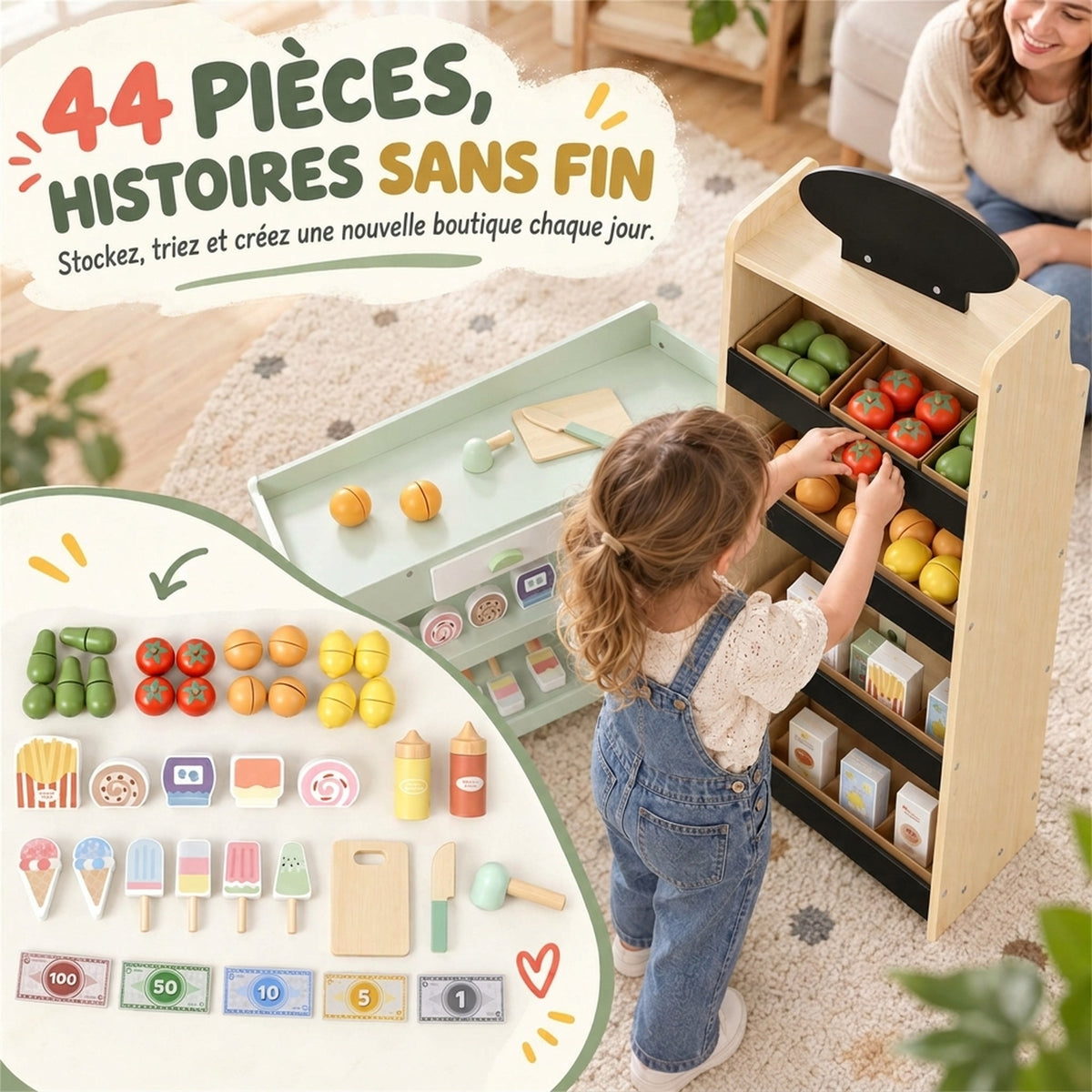 Marchande Enfants en Bois, Caisse Enregistreuse, Aliments Factices, Tableau Noir et 44 Accessoires, pour 3 à 6 Ans-4